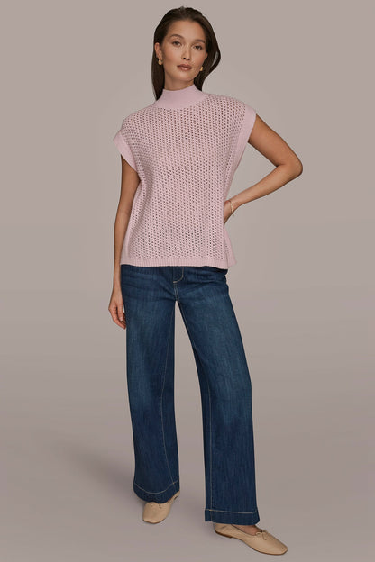 SLEEVELESS MOCK-NECK OPEN STITCH SWEATER