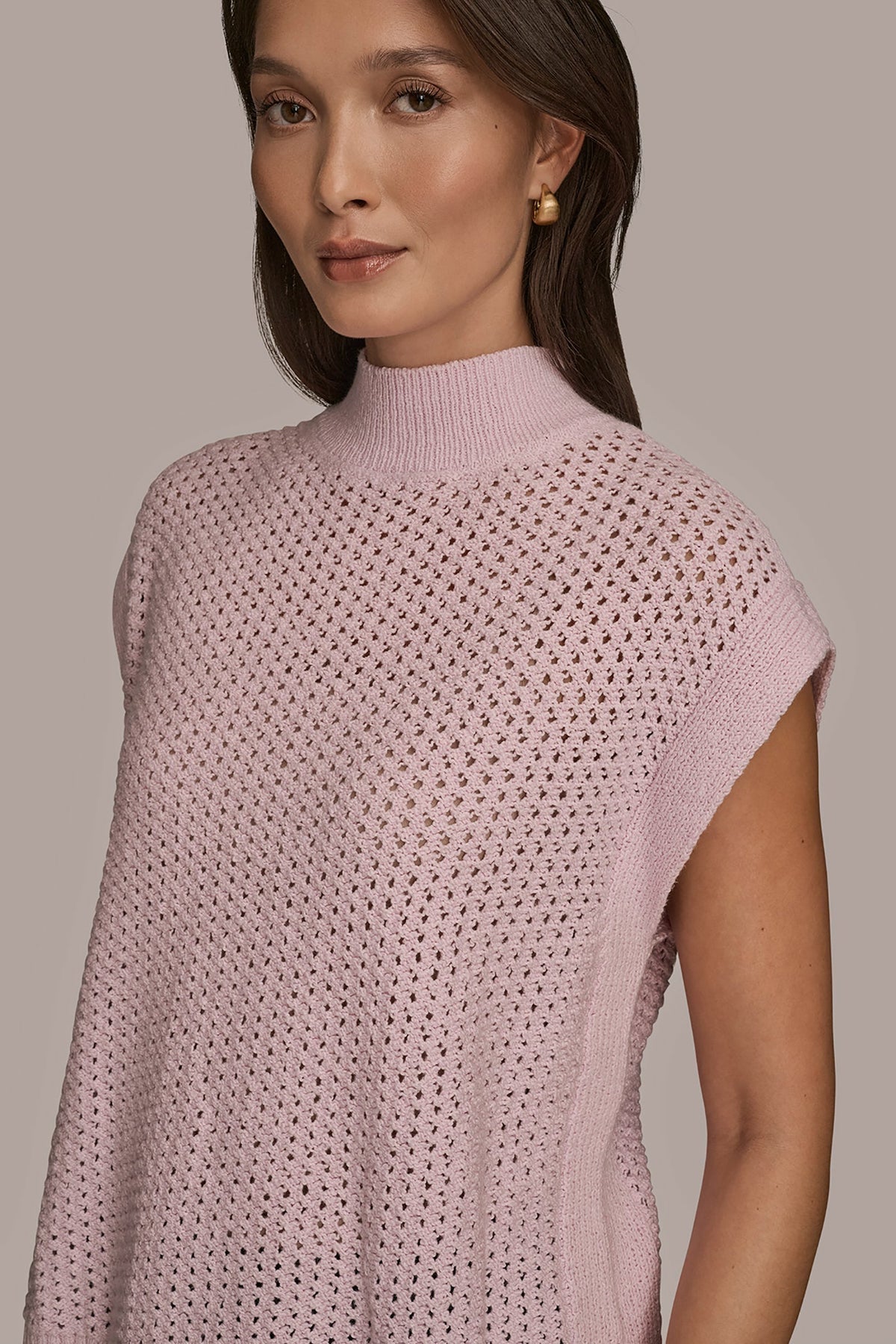 SLEEVELESS MOCK-NECK OPEN STITCH SWEATER