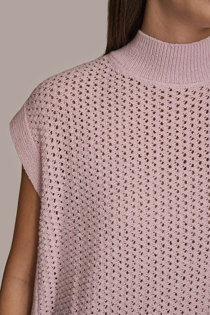 SLEEVELESS MOCK-NECK OPEN STITCH SWEATER