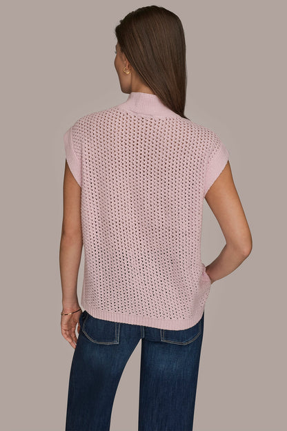 SLEEVELESS MOCK-NECK OPEN STITCH SWEATER