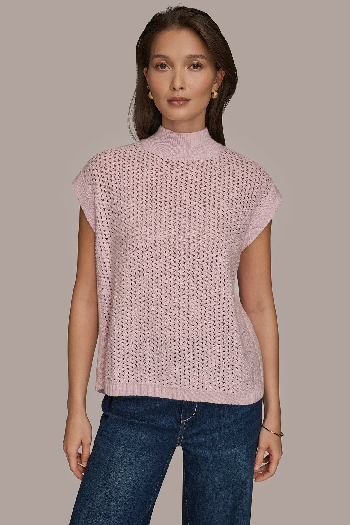 SLEEVELESS MOCK-NECK OPEN STITCH SWEATER