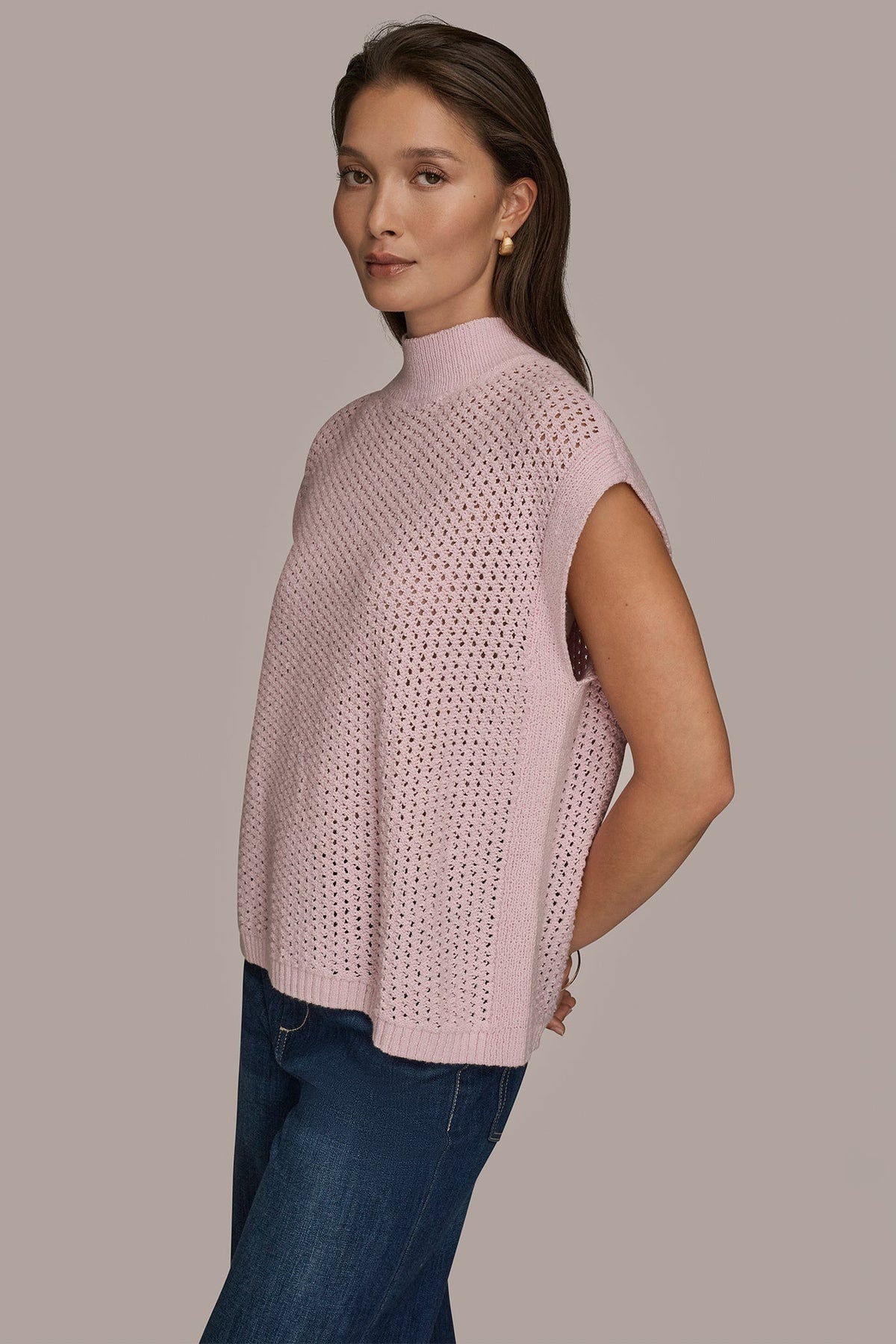 SLEEVELESS MOCK-NECK OPEN STITCH SWEATER