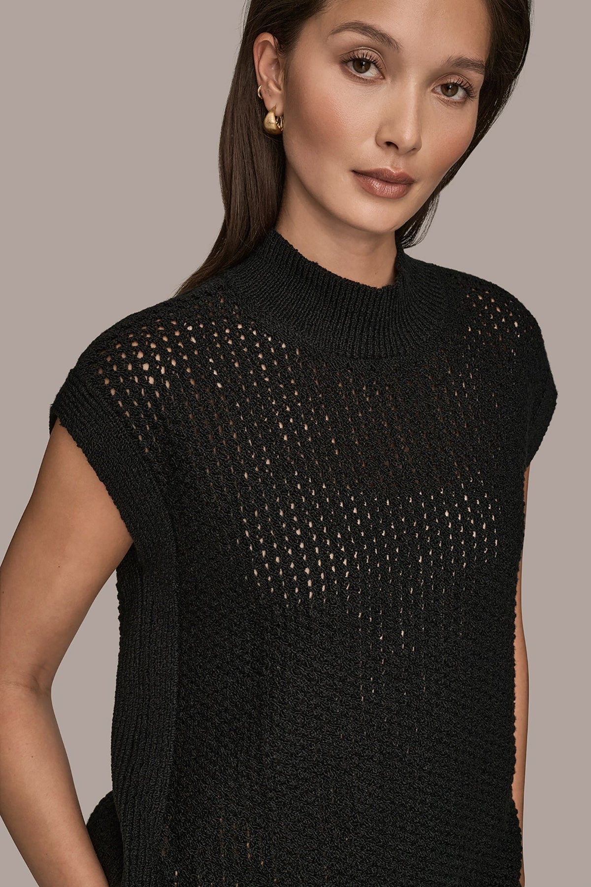 SLEEVELESS MOCK-NECK OPEN STITCH SWEATER