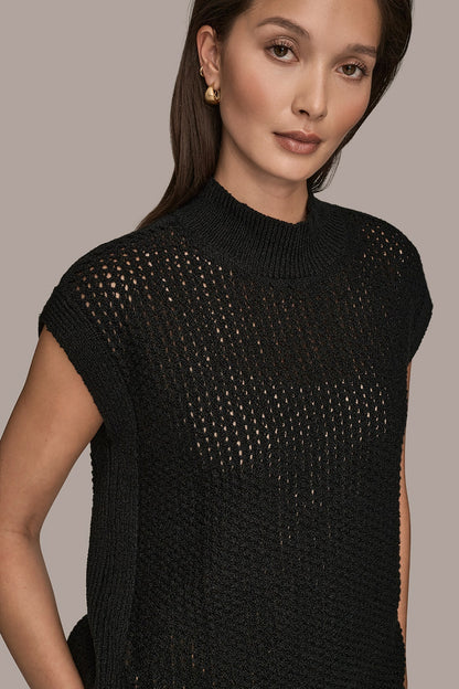SLEEVELESS MOCK-NECK OPEN STITCH SWEATER