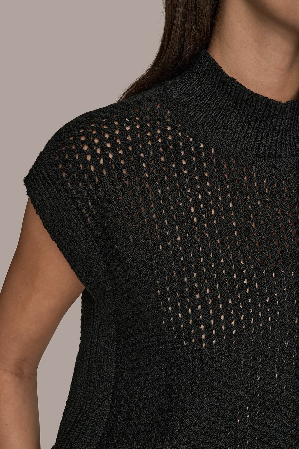 SLEEVELESS MOCK-NECK OPEN STITCH SWEATER