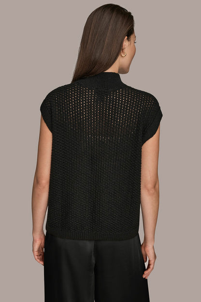 SLEEVELESS MOCK-NECK OPEN STITCH SWEATER