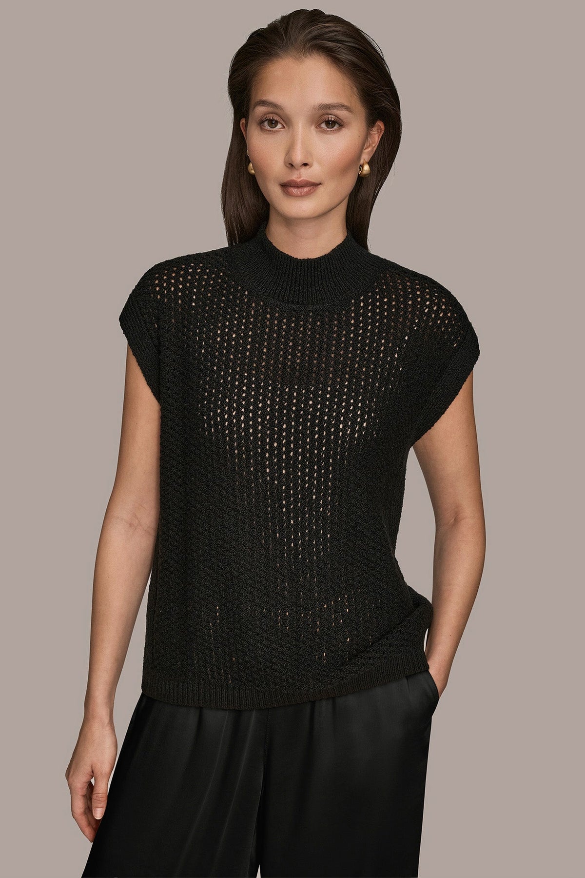 SLEEVELESS MOCK-NECK OPEN STITCH SWEATER