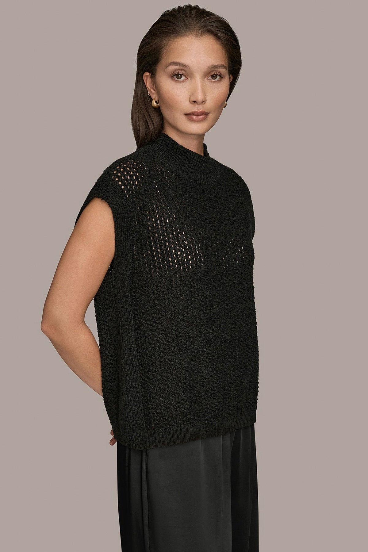 SLEEVELESS MOCK-NECK OPEN STITCH SWEATER