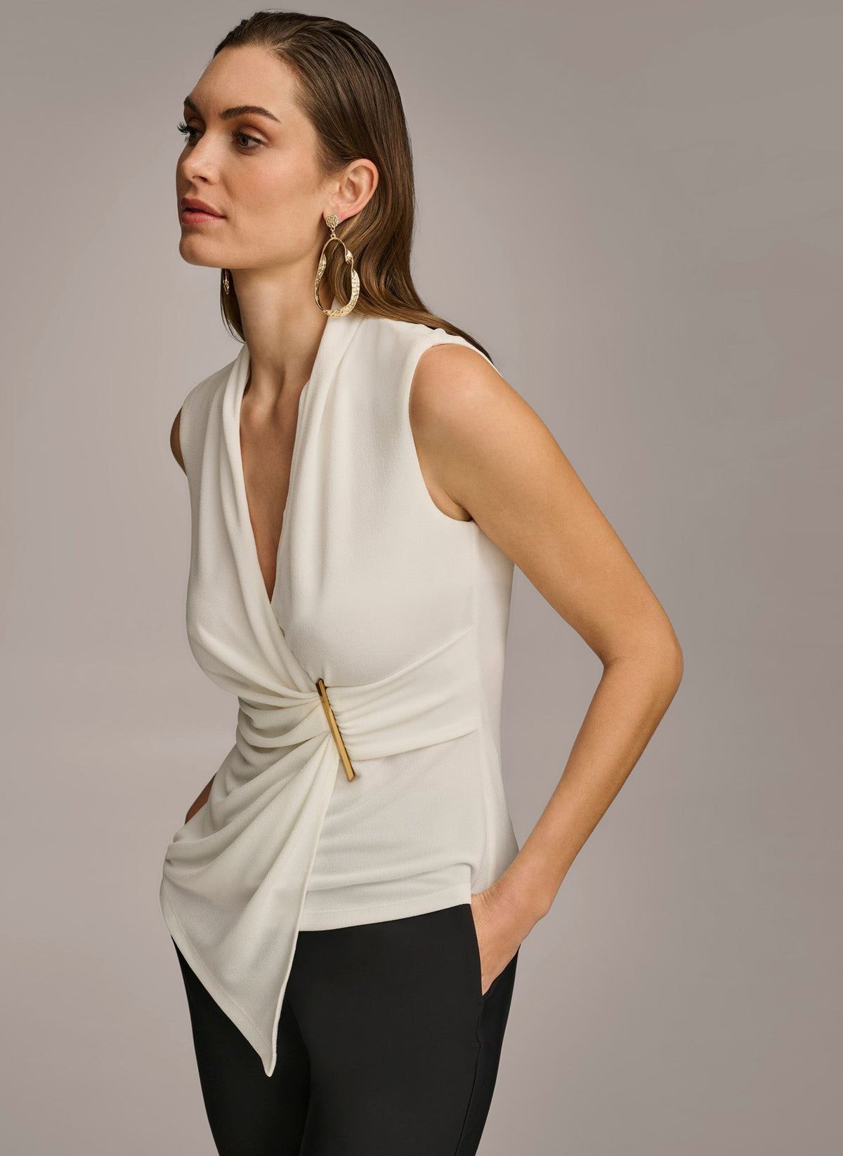 V NECK WITH HARDWARE AND RUCHED DETAIL