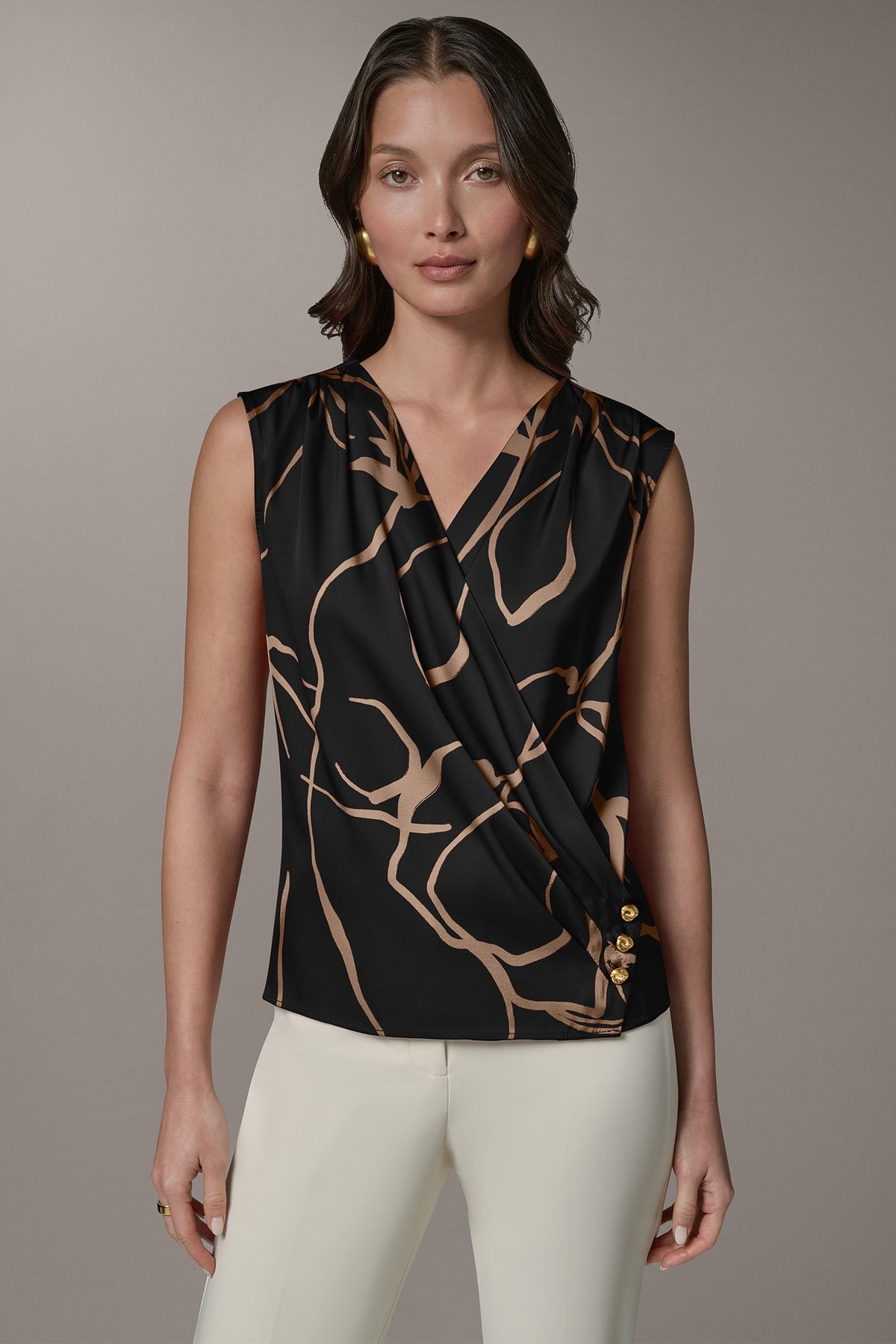SLEEVELESS WRAP EFFECT PRINT BLOUSE