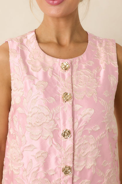 Something About Her Pink Metallic Floral Jacquard Button Front Mini Dress