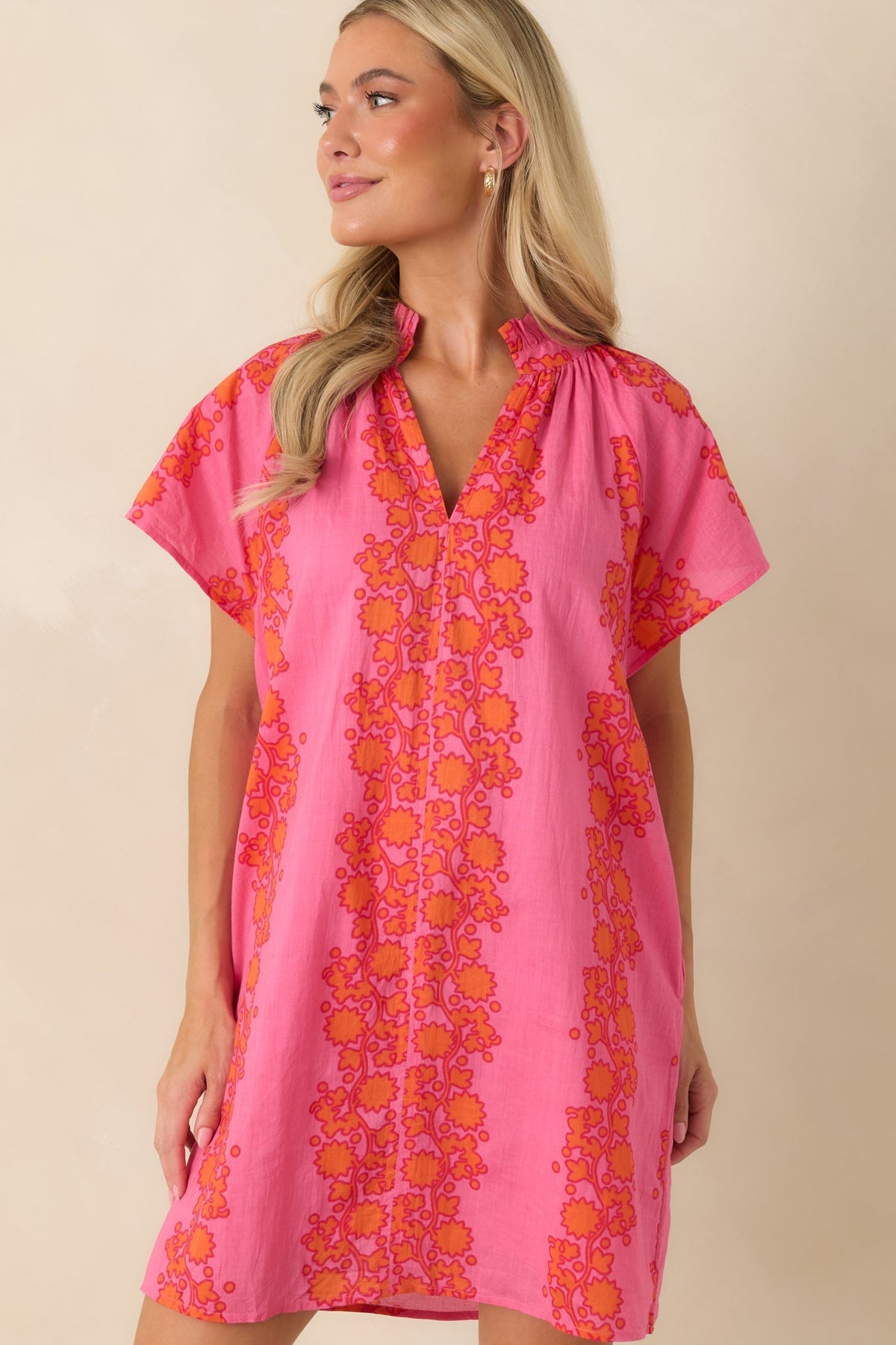Palm Beach Bound Pink & Orange Cotton Floral Mini Dress