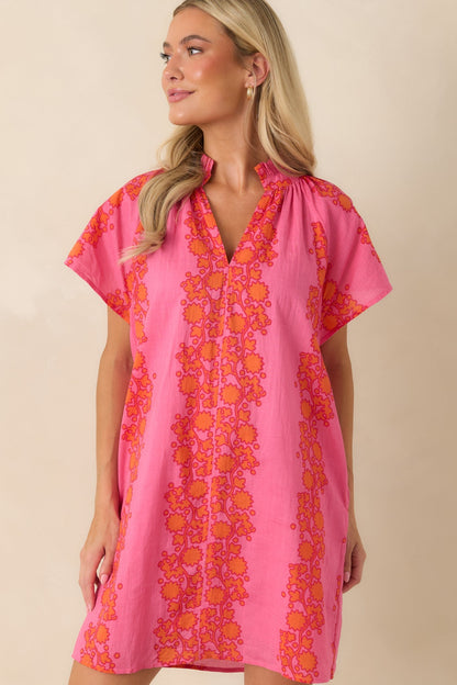 Palm Beach Bound Pink & Orange Cotton Floral Mini Dress