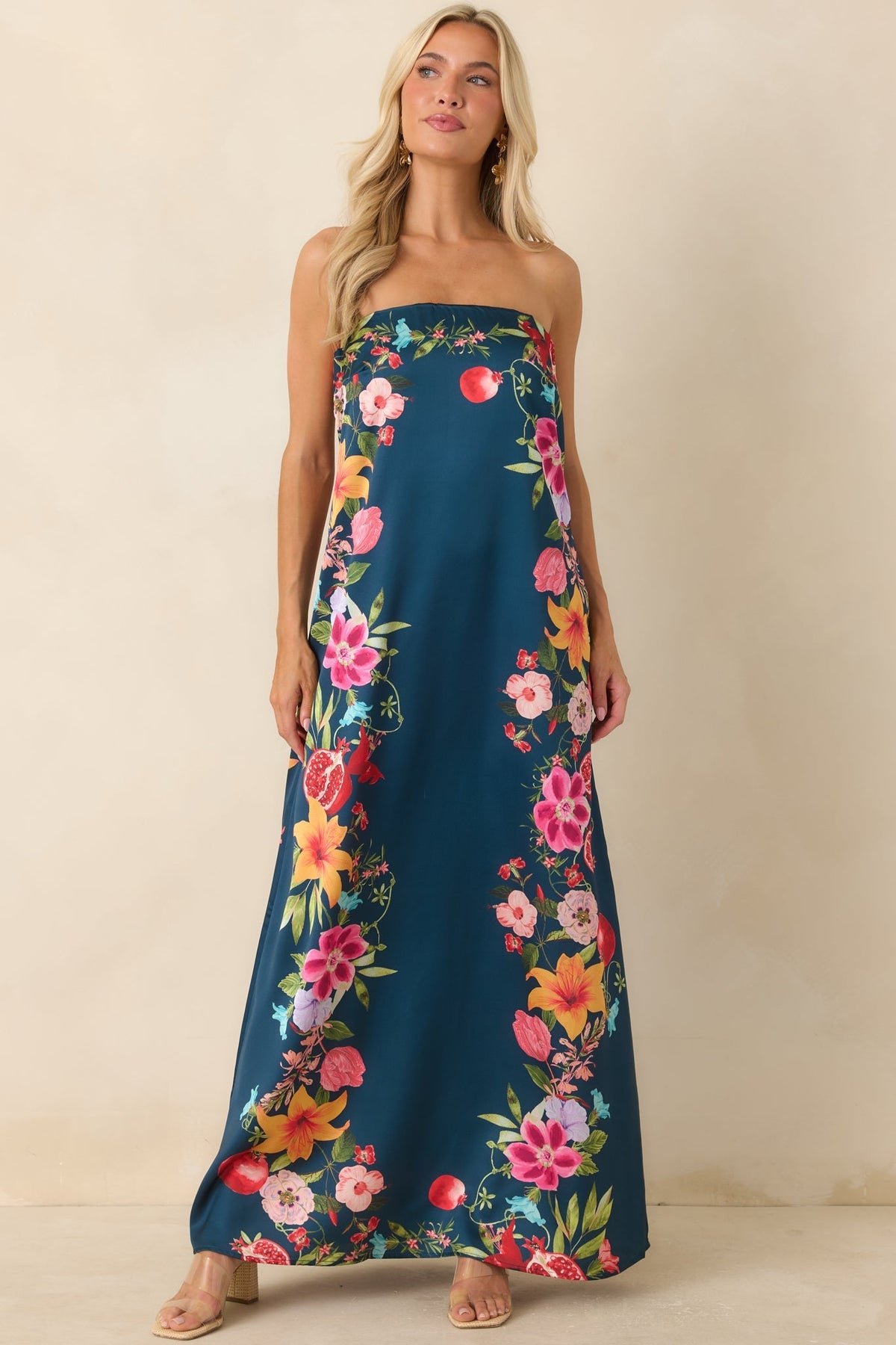 Moonlit Tropics Navy Multi Floral Strapless Maxi Dress