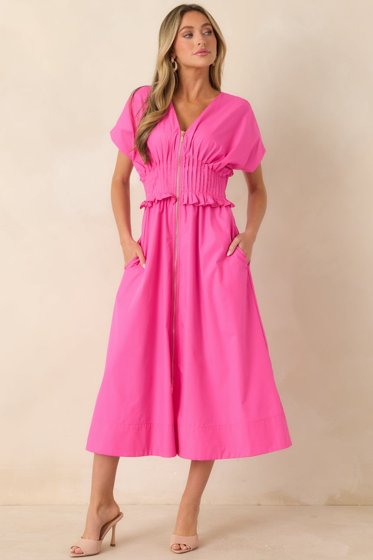 Let It Be Easy Fuchsia Smocked Waist Zip Maxi Dress