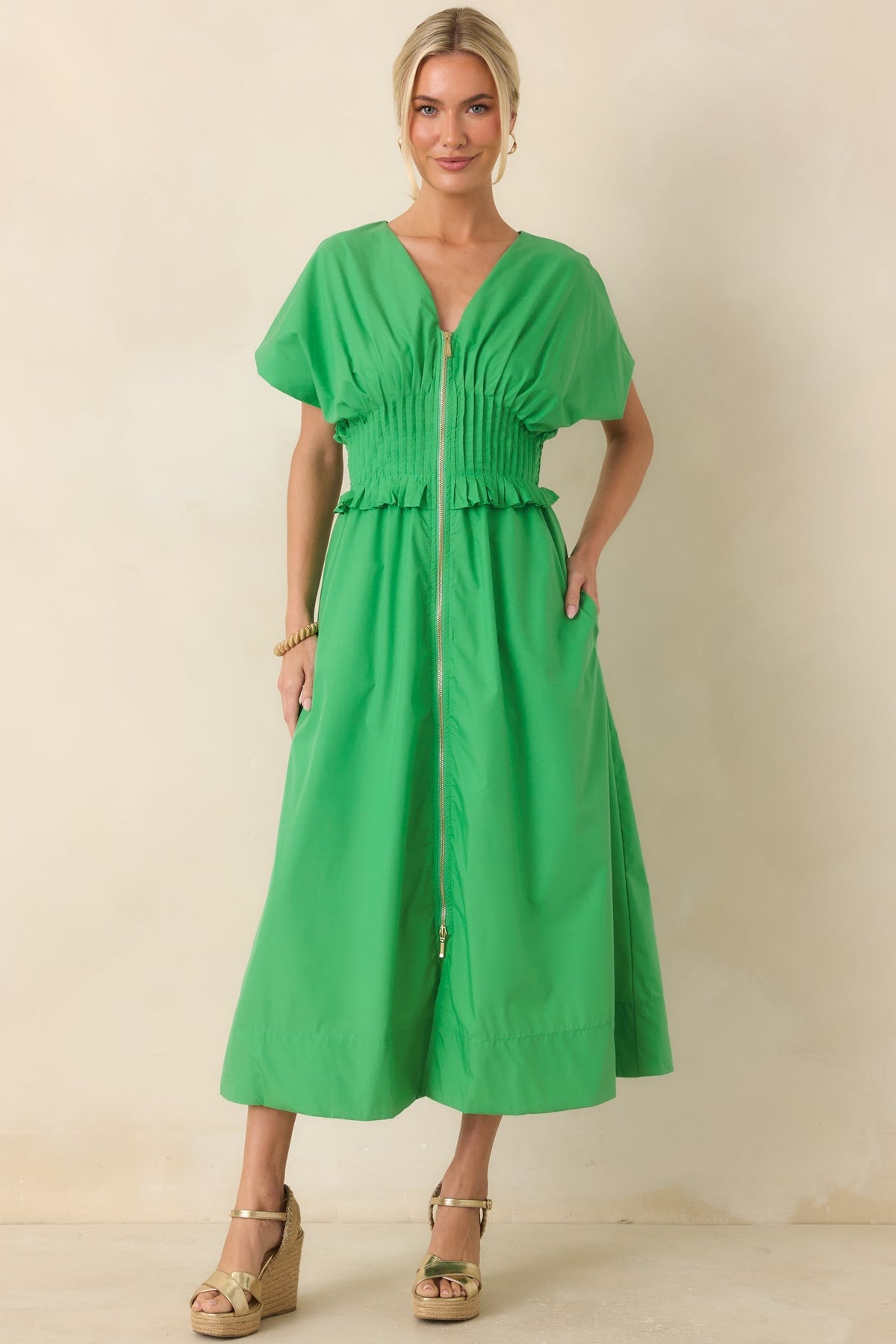 Let It Be Easy Kelly Green Smocked Waist Zip Maxi Dress