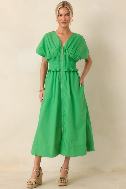 Let It Be Easy Kelly Green Smocked Waist Zip Maxi Dress