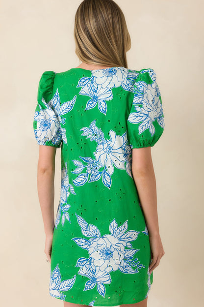 If You Ask Me Green & White Floral Cotton Puff Sleeve Mini Dress