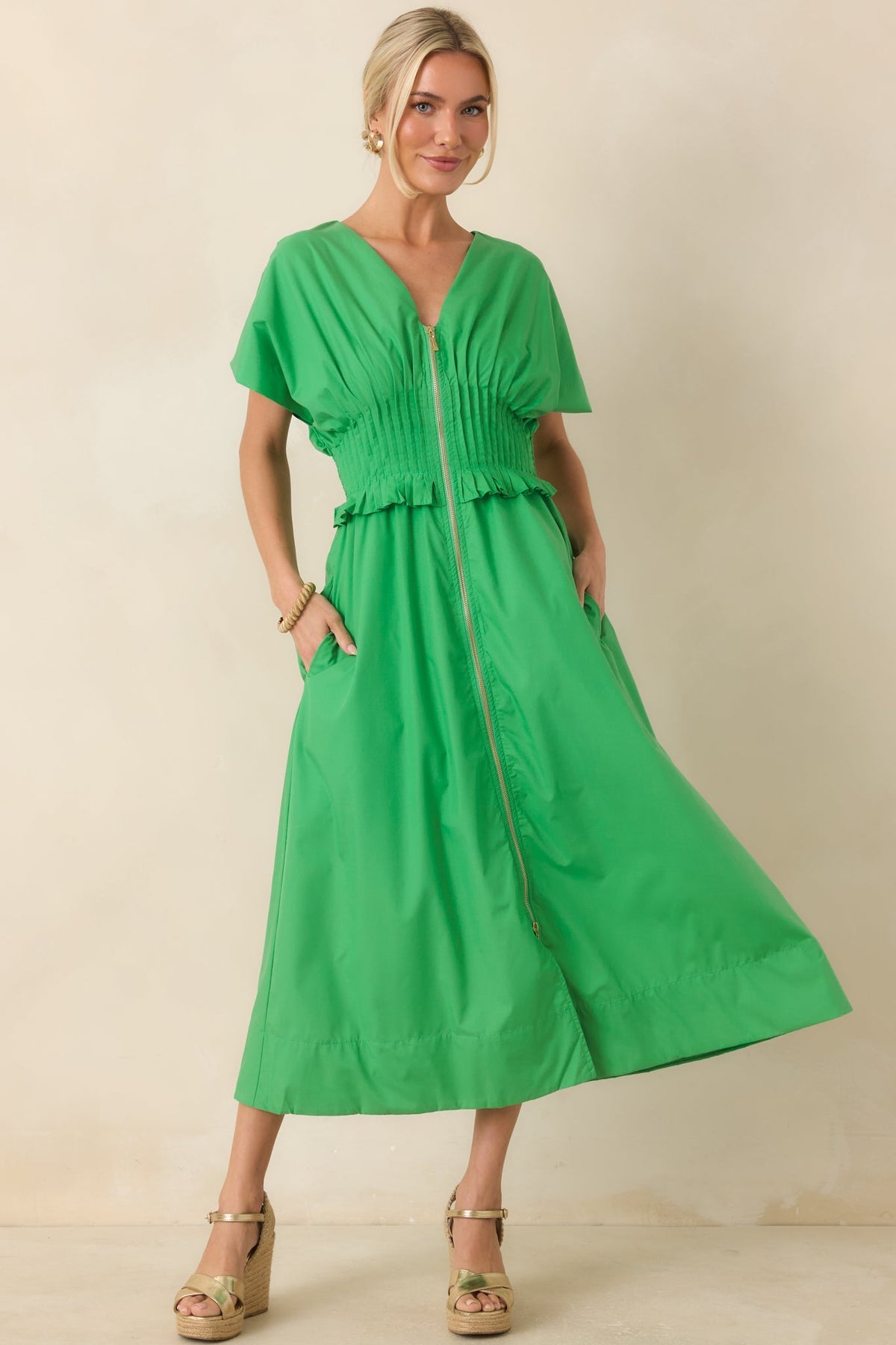 Let It Be Easy Kelly Green Smocked Waist Zip Maxi Dress