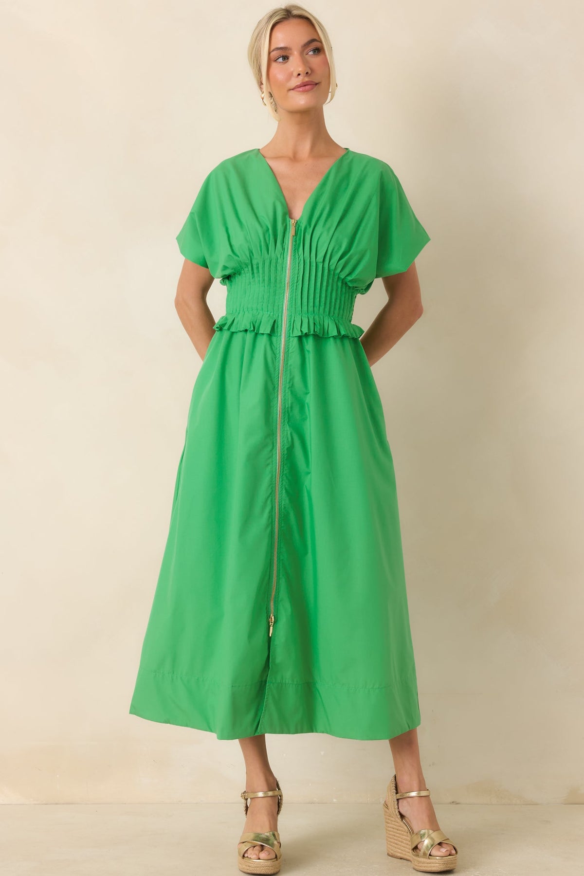 Let It Be Easy Kelly Green Smocked Waist Zip Maxi Dress