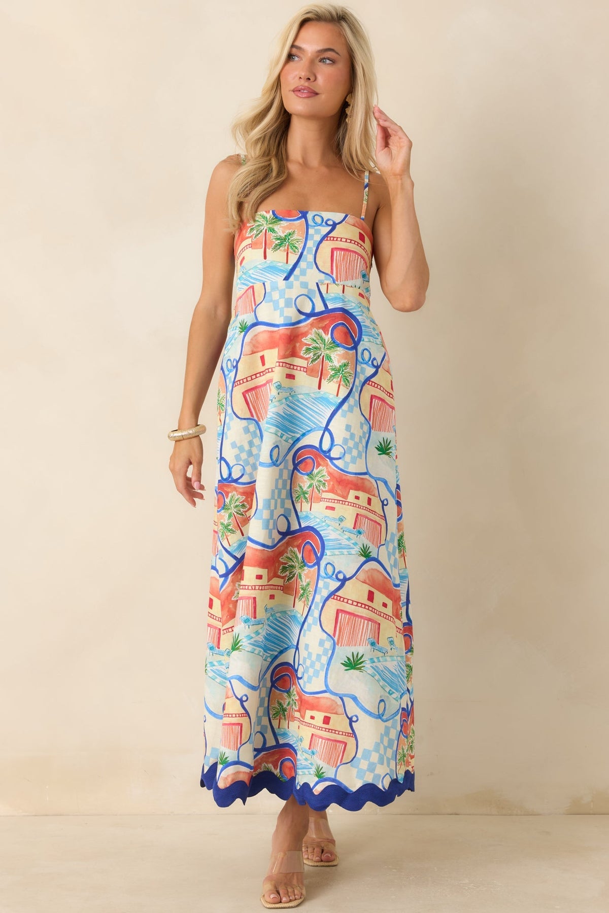 Passport to Paradise Coral Orange & Blue Poolside Print Maxi Dress