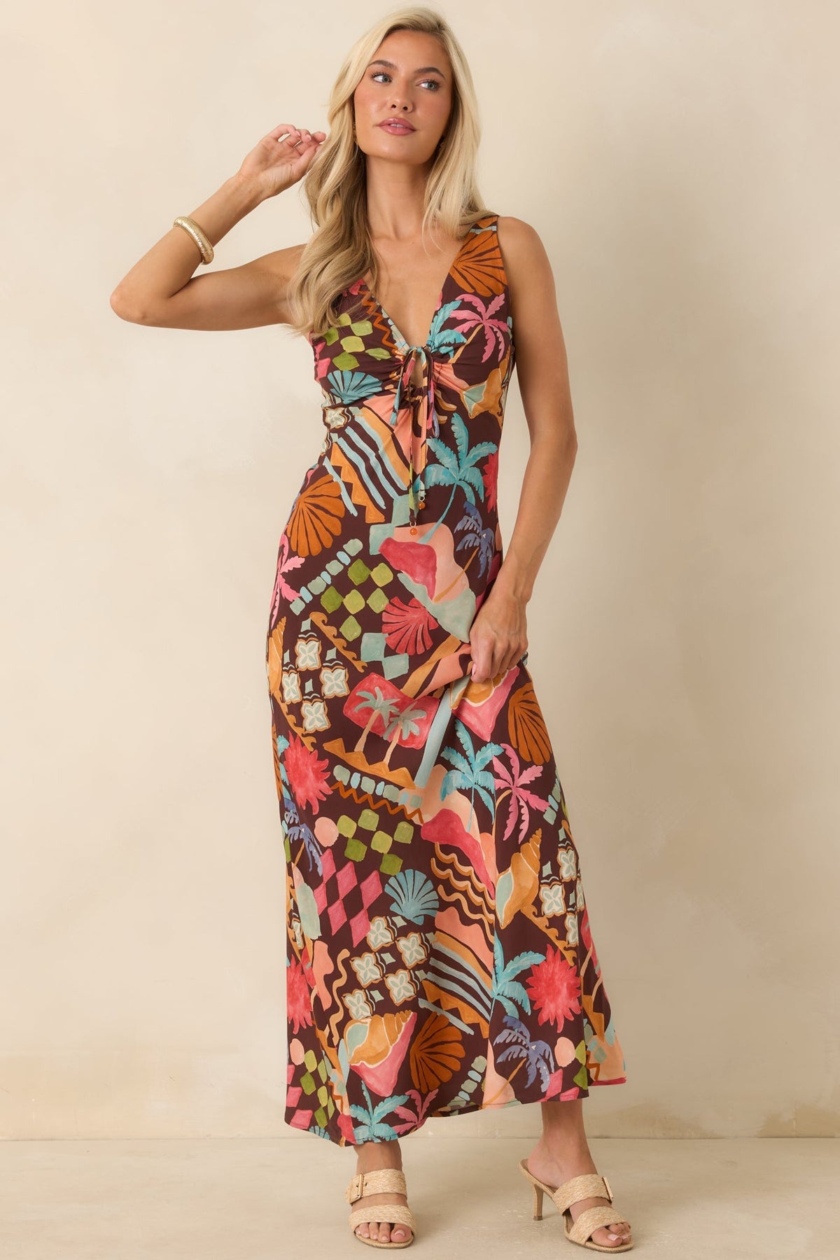 MINKPINK Isola Brown Multi Vintage Coastal Print Keyhole Midi Dress