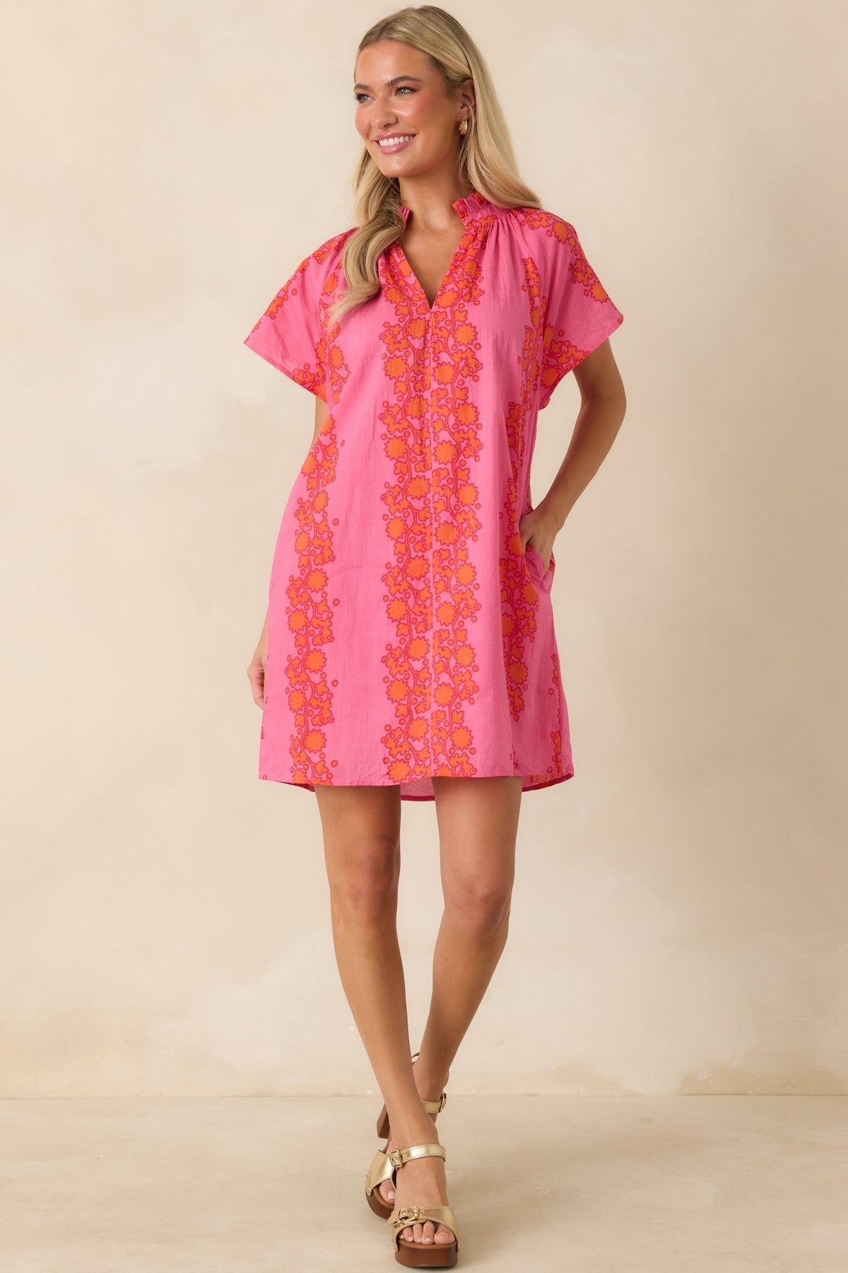 Palm Beach Bound Pink & Orange Cotton Floral Mini Dress