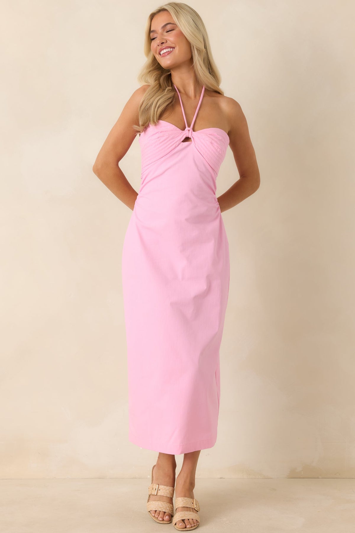 MINKPINK Gaia Pink Cotton Keyhole Detail Halter Midi Dress