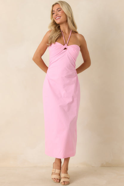 MINKPINK Gaia Pink Cotton Keyhole Detail Halter Midi Dress